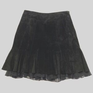 Vtg Context Black Suede Leather Flared Skirt‎ Women 12 36 Waist Ruffle Bottom